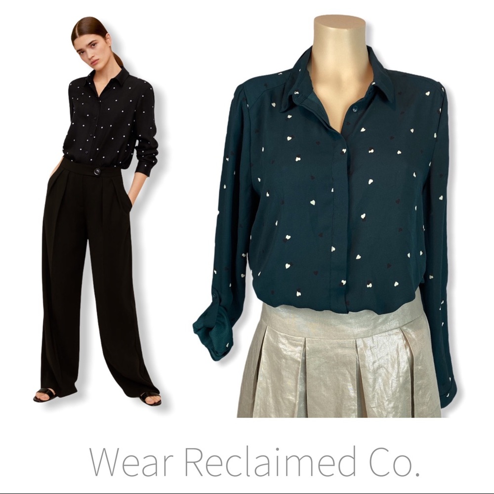 Dark Teal Green Button Down Blouse w/ Heart Print